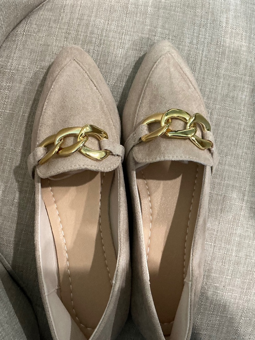 Beige Pointed Toe Loafers with Gold Chain Detail